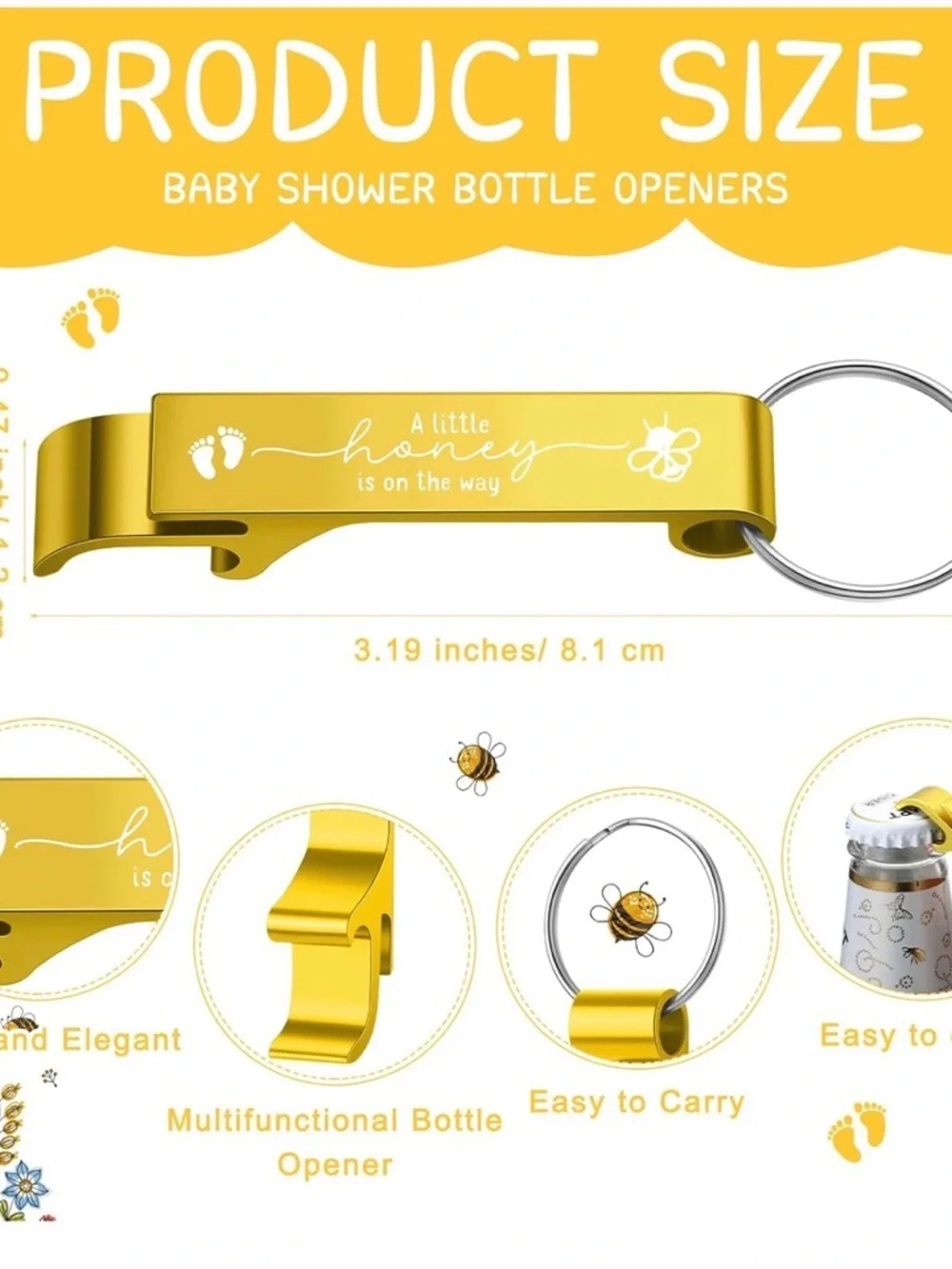 Gold 'A Little Honey' Bottle Opener Keychain Party Favors NWT 25 Count